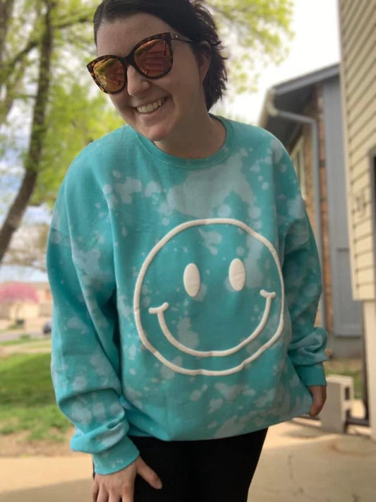 Blue Smiley Puff Bleached Sweatshirt RTS