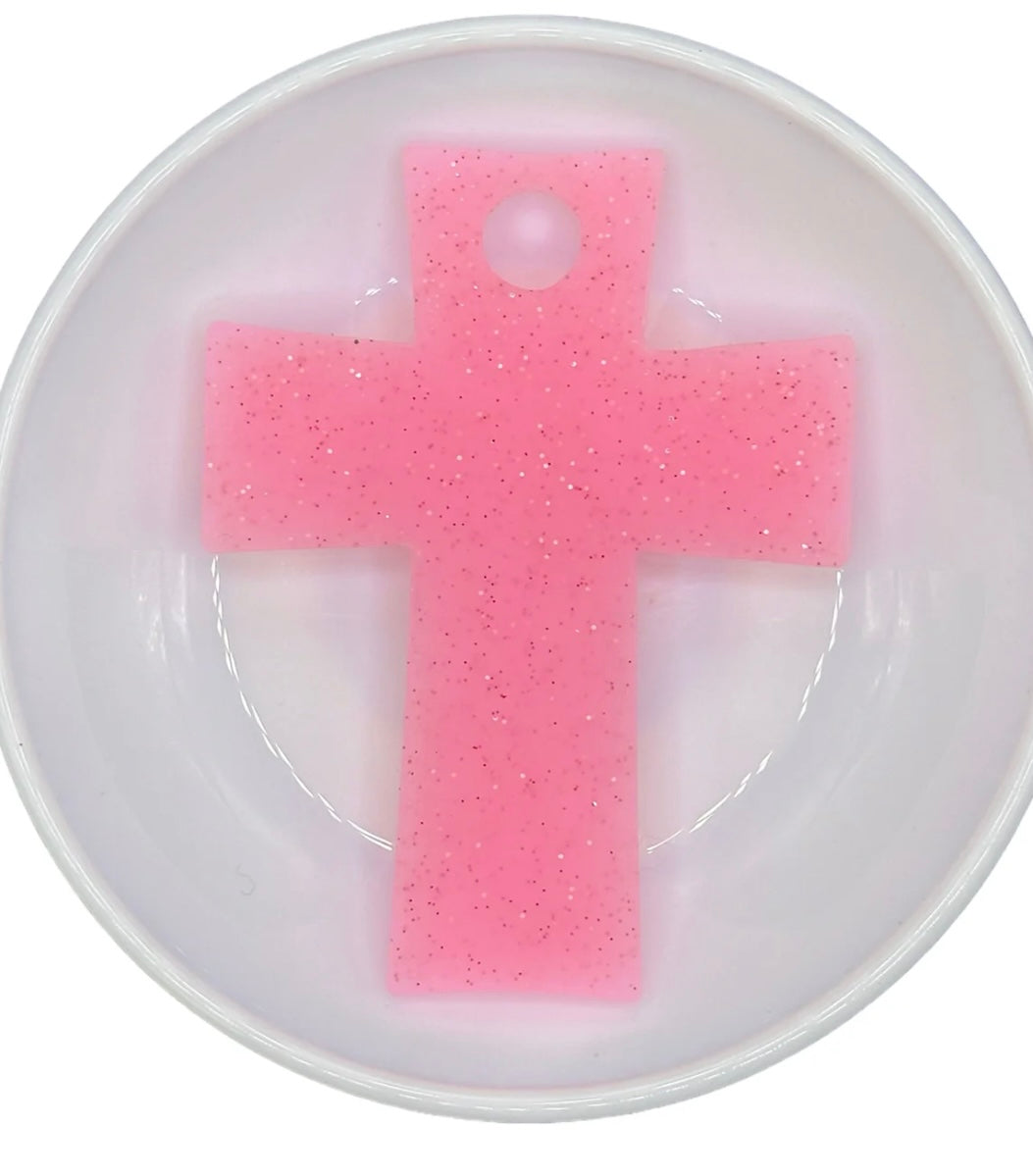 Pink Glitter Cross Tumbler Tag RTS